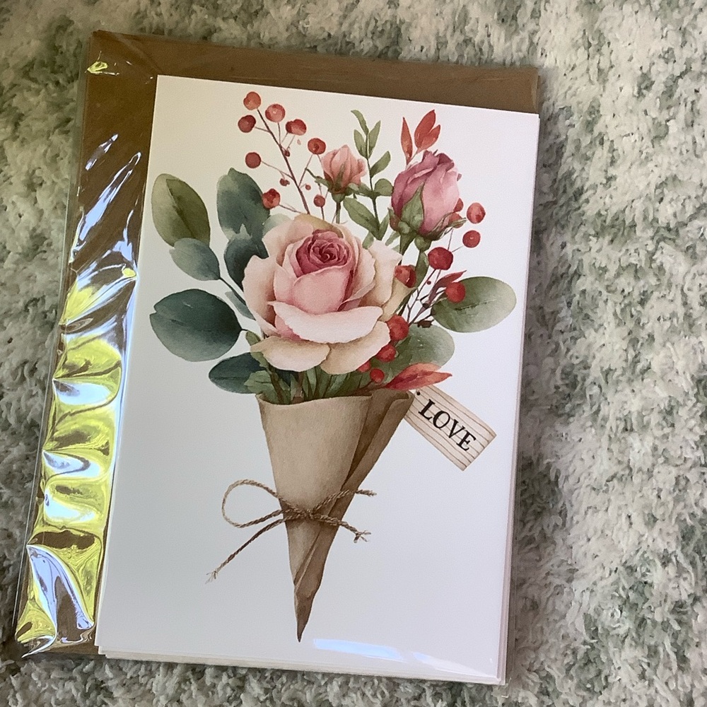 Floral Love Cone Bouquet Greeting Cards NWT pink rose variety set of 6
